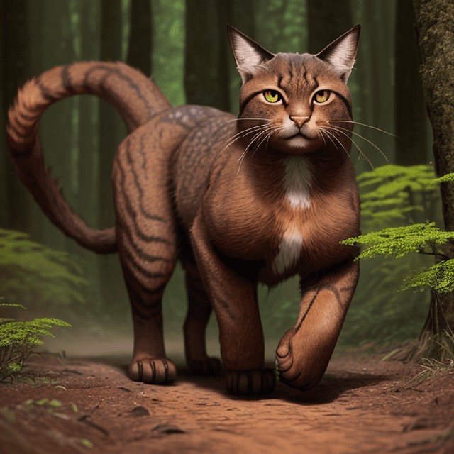 AI generated: frontal view of a nice, wise, giant brown cat walking on two legs in a prehistoric forest,  frontal ...