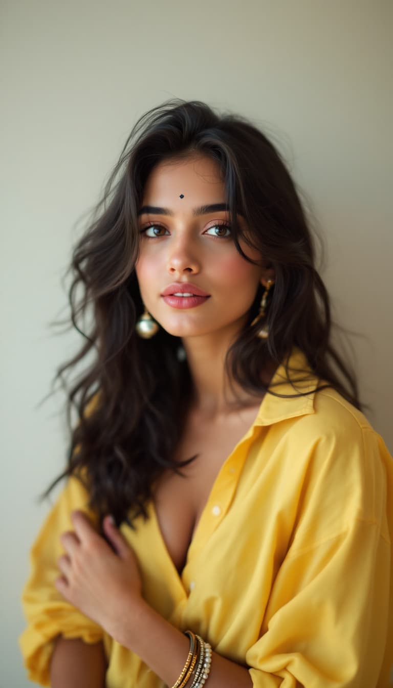 AI generated: Jennifer Connelly ,18-21 years old, Indian hair style, wearing yellow shirt is posing, soft , inhale...