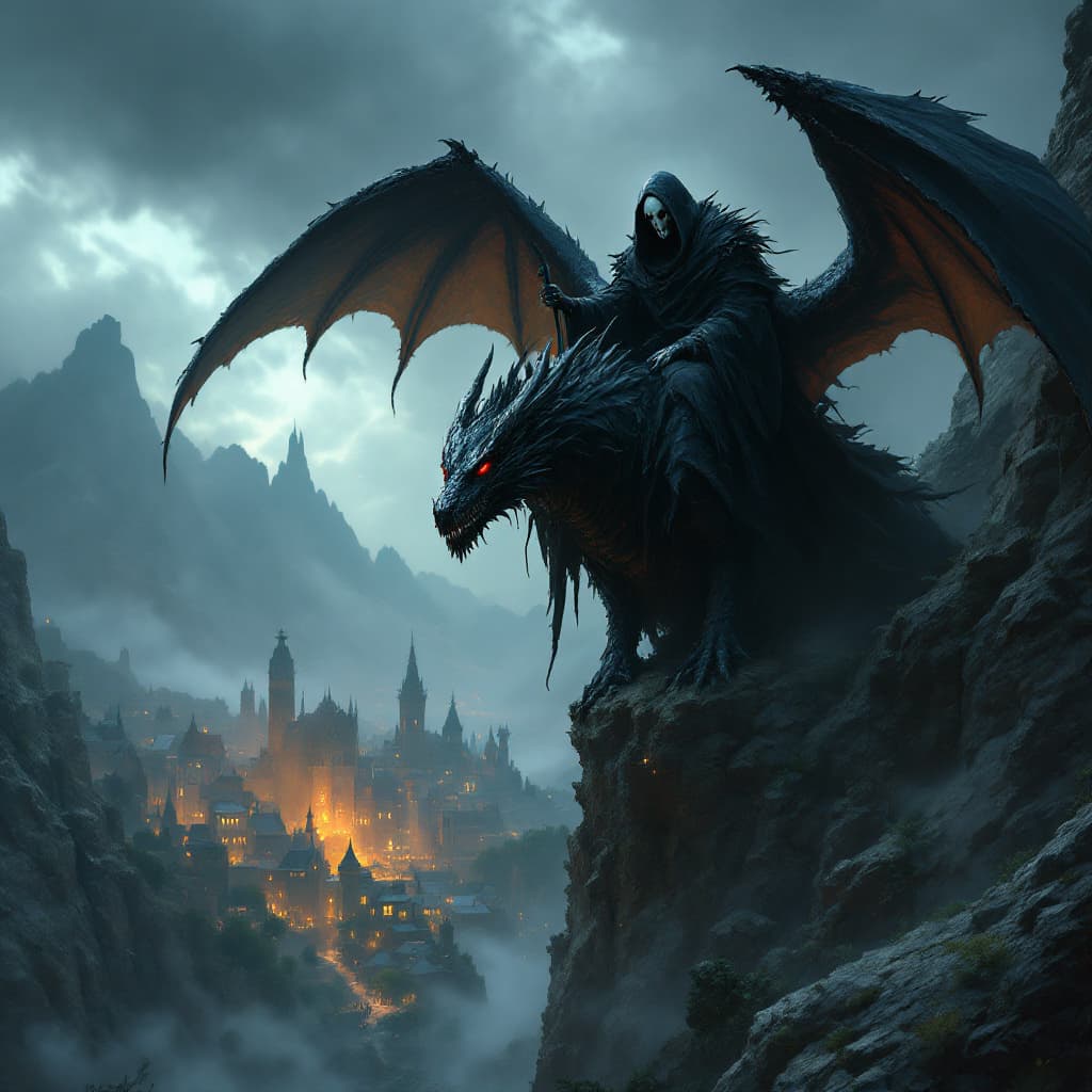AI generated: A dark, foreboding scene featuring a figure resembling death, mounted on a large black dragon, looki...