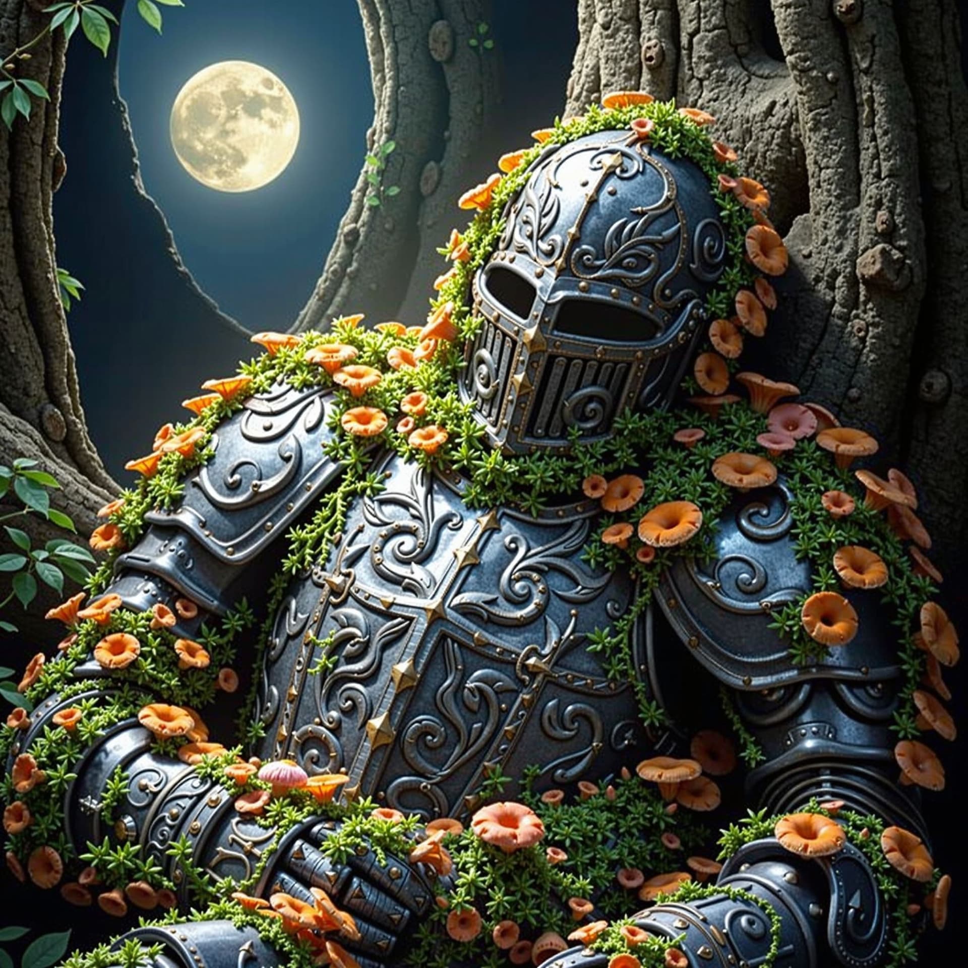AI generated: A medieval knight's armor, intricately engraved, now entirely overgrown with delicate, luminous fung...