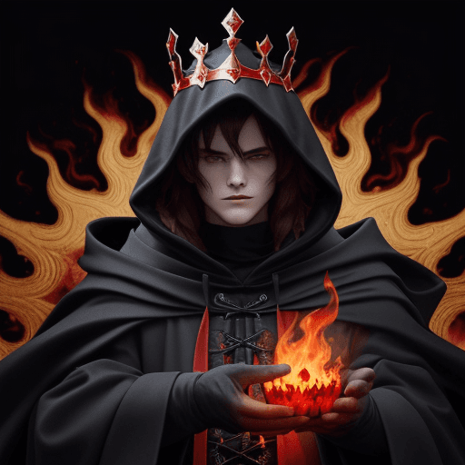 AI generated: The image shows a person wearing a black cloak with a hood and a red and gold crown with flames on t...