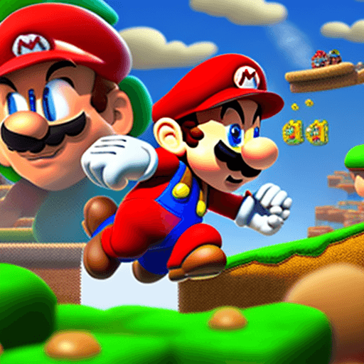 AI generated: Super-Mario running, Mushroom Kingdom background, 32k, closeup, trending on poltcount 3D, game --v 5...
