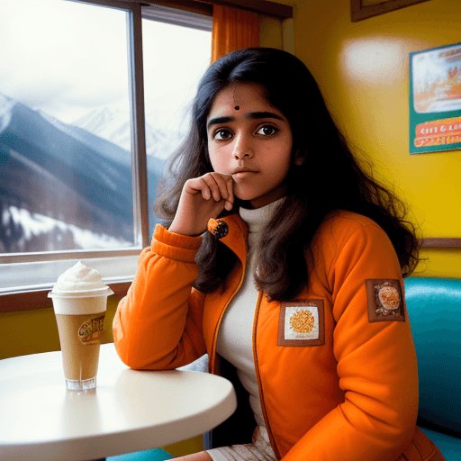 AI generated: A beautiful indian girl girl in a 70’s mountain top diner. A slice of hot pie 🥧 with cream and a co...