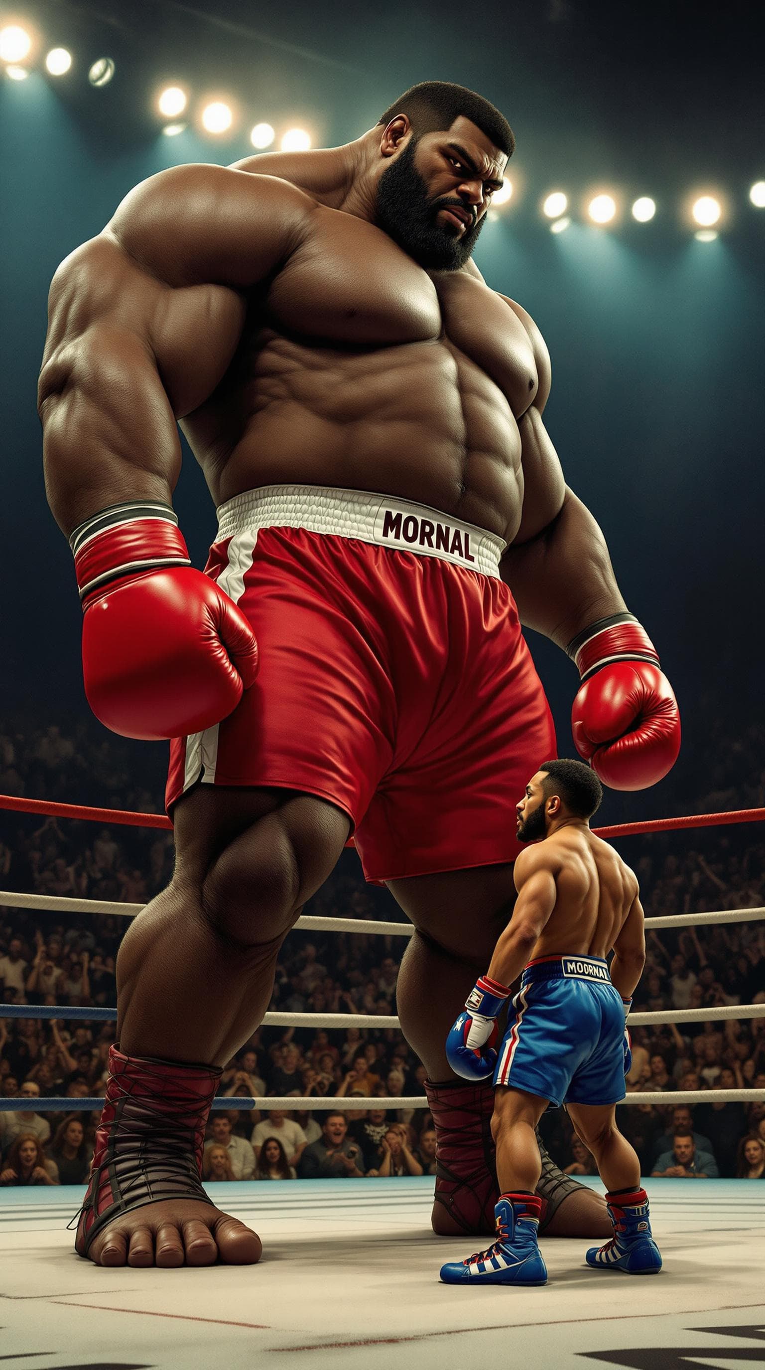 AI generated: 

“An unusual scene unfolds in the boxing ring: a huge boxer with a height of 3 meters dark-skinned ...