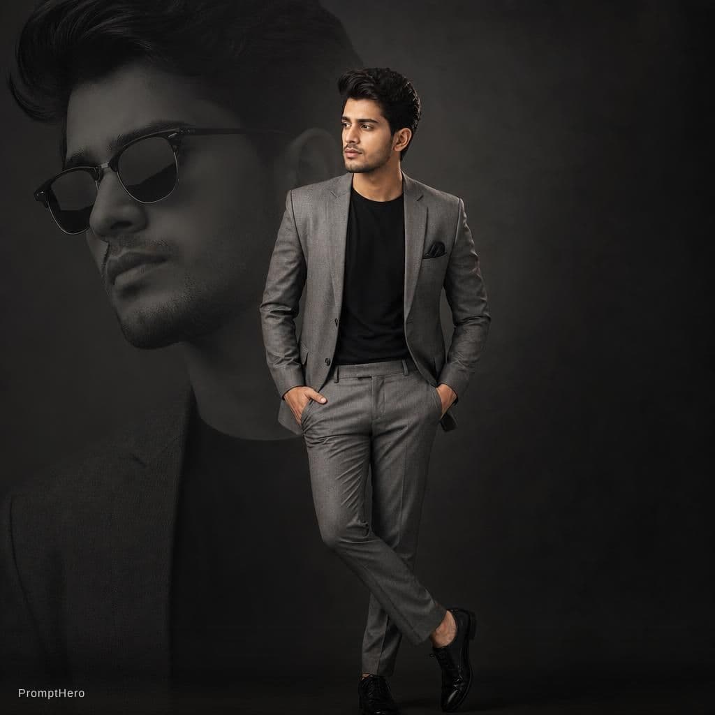AI generated: "A stylish young man wearing a modern slim-fit grey suit with a black t-shirt inside, standing confi...