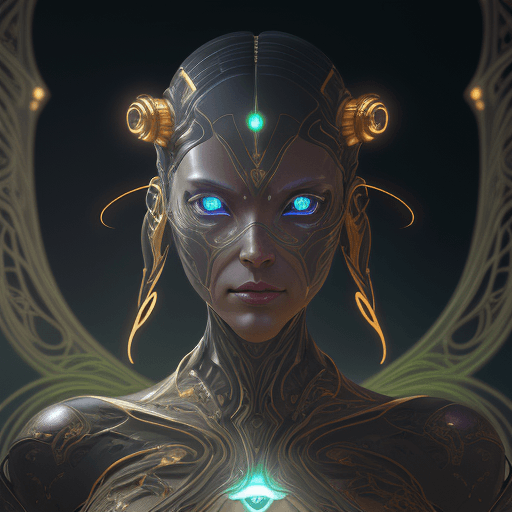 AI generated: hyper advanced cyborg alien ai, sci fi, glowing eyes, volumetric lights, gold theme, art nouveau bot...