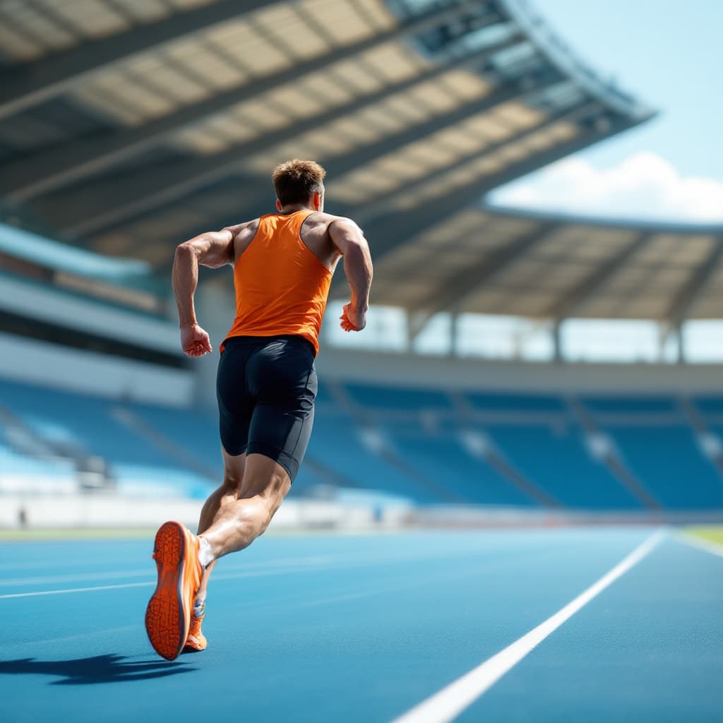 AI generated: A male athlete in an orange tank top and black shorts is sprinting on a professional outdoor running...