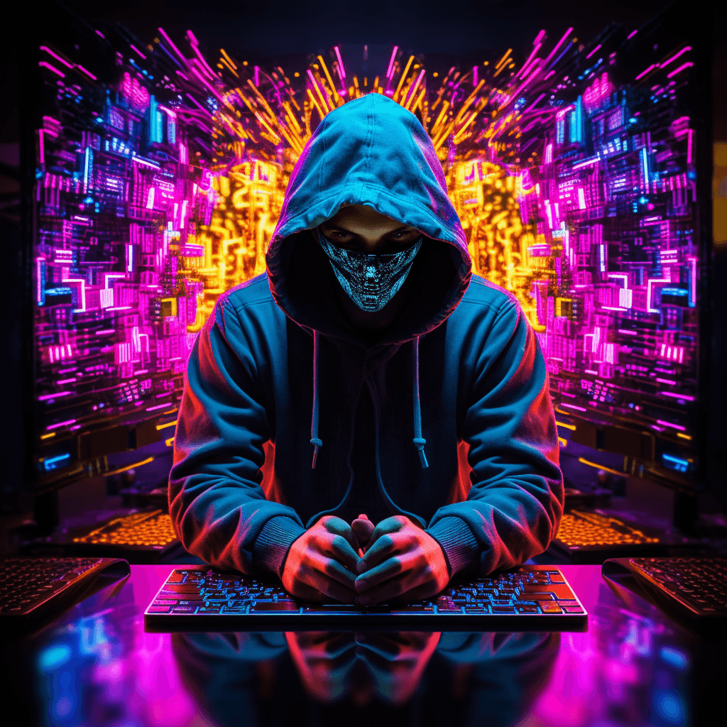 AI generated: neon images of a hacker, neon colors 

