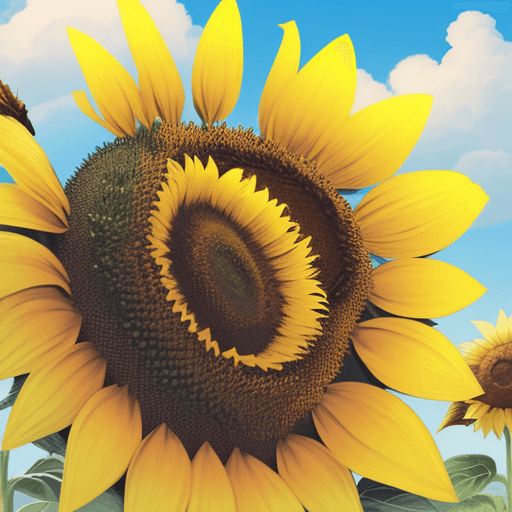 AI generated: Happy bee sleeping on a sunflower, sunny sky with clouds 
