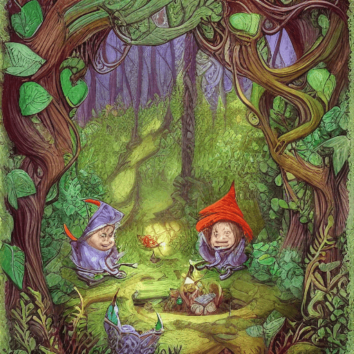 AI generated: strybk, four gnomes in the deep enchanted woods. leafy celtic background, ornate, colorful, hyperdet...
