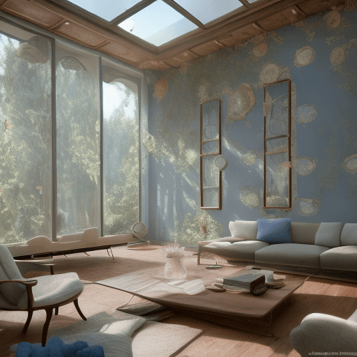 AI generated: High resolution photography interior design, dreamy sunken living room conversation pit, wooden floo...