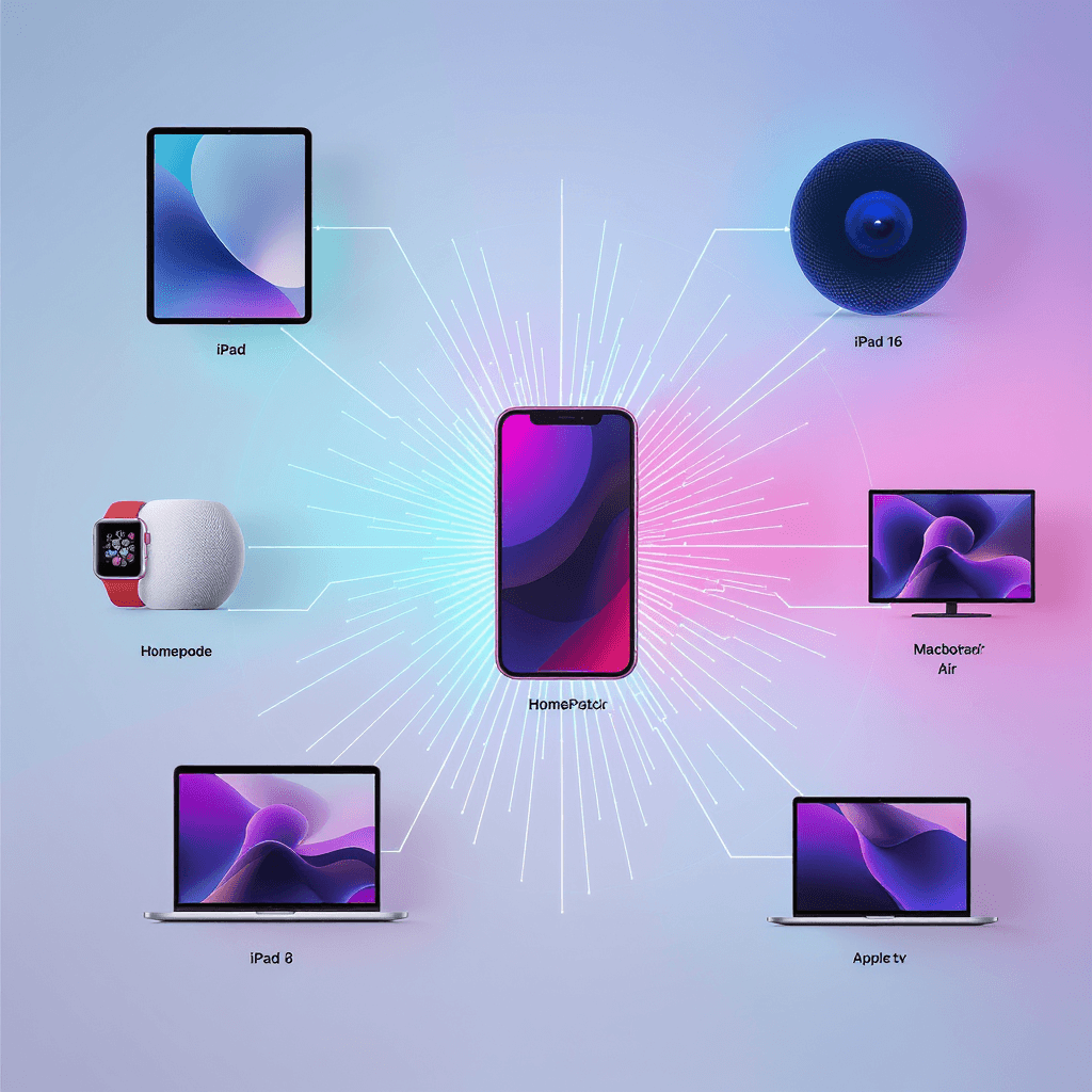 AI generated: Erstelle eine Grafik in der Mitte ein iPhone 16 darum ein iPad, Apple Watch, Homepod, macbook air, a...