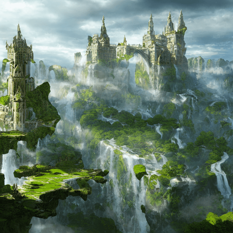 AI generated: fantasy landscape of a large majestic castle adorned with gold white marble walls, lots of towers br...
