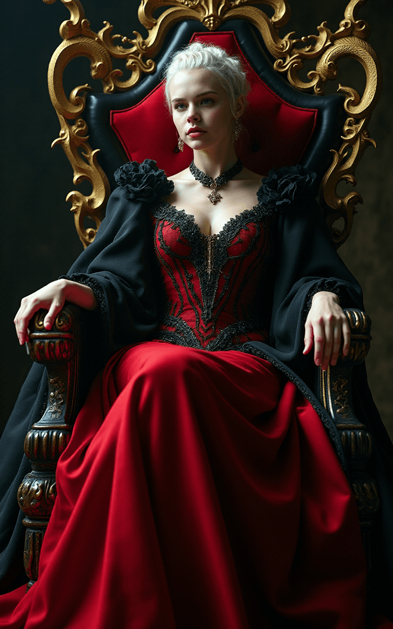 AI generated: A professional photo from below of an 18 years old queen sitting on a black throne made of gold, wit...