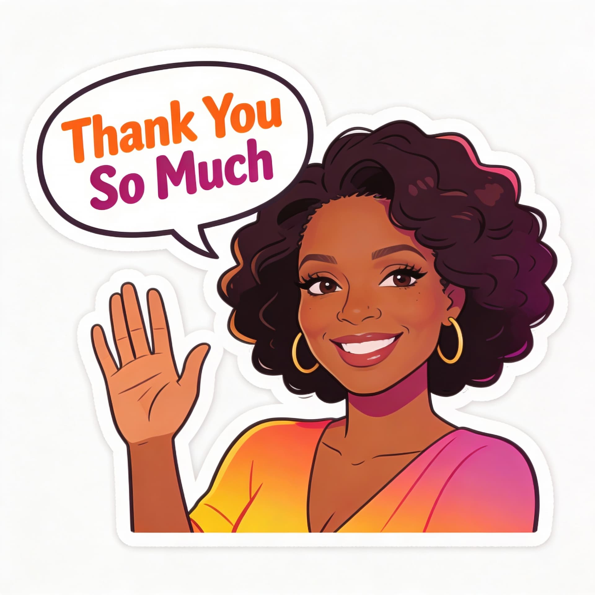 AI generated: Angela Basset 
With a wave and a heartwarming smile, she greets you.
Speech bubble: "Thank You So Mu...