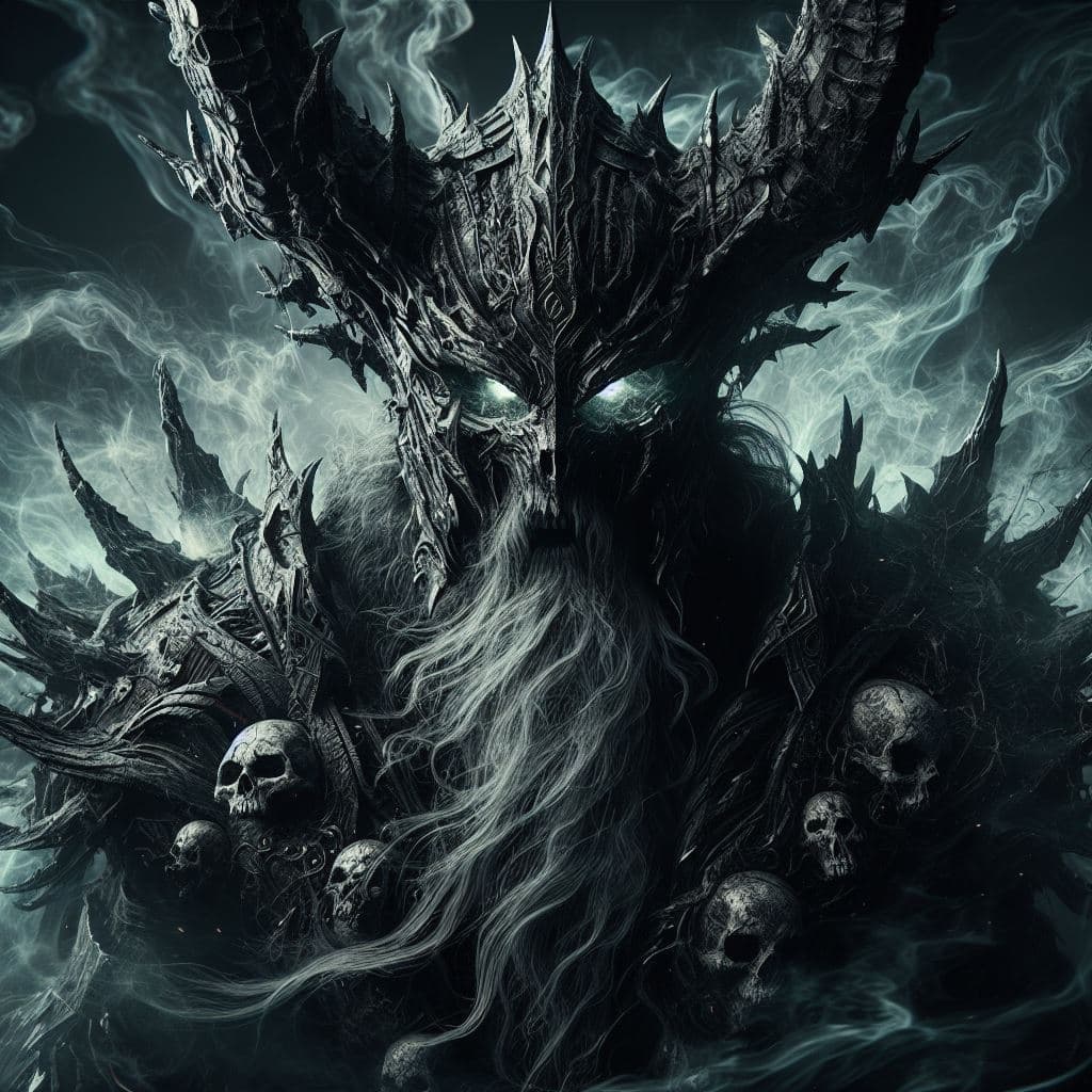 AI generated: In a dark, ominous realm, Odin stands amidst swirling shadows and spectral flames. His armor is a si...