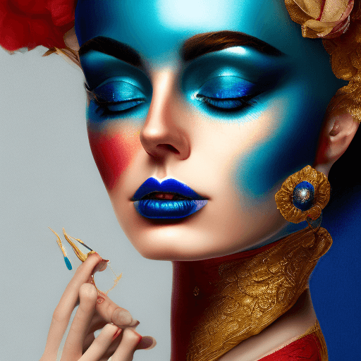 AI generated: beautiful red, blue and gold makeup on a woman, in the style of venetian scenes, hyperrealistic scul...