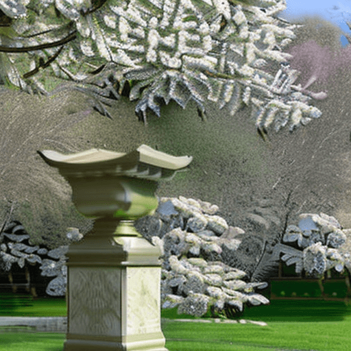 AI generated: the statue of a griffin, carved with Buddhist elements, in the center of a Japanese cherry blossom g...