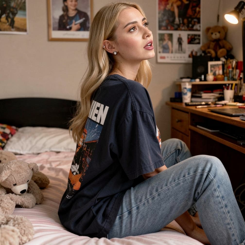 AI generated: raw tumblr side view photo what would go very viral in 2026of a young woman in her room in an edgy b...