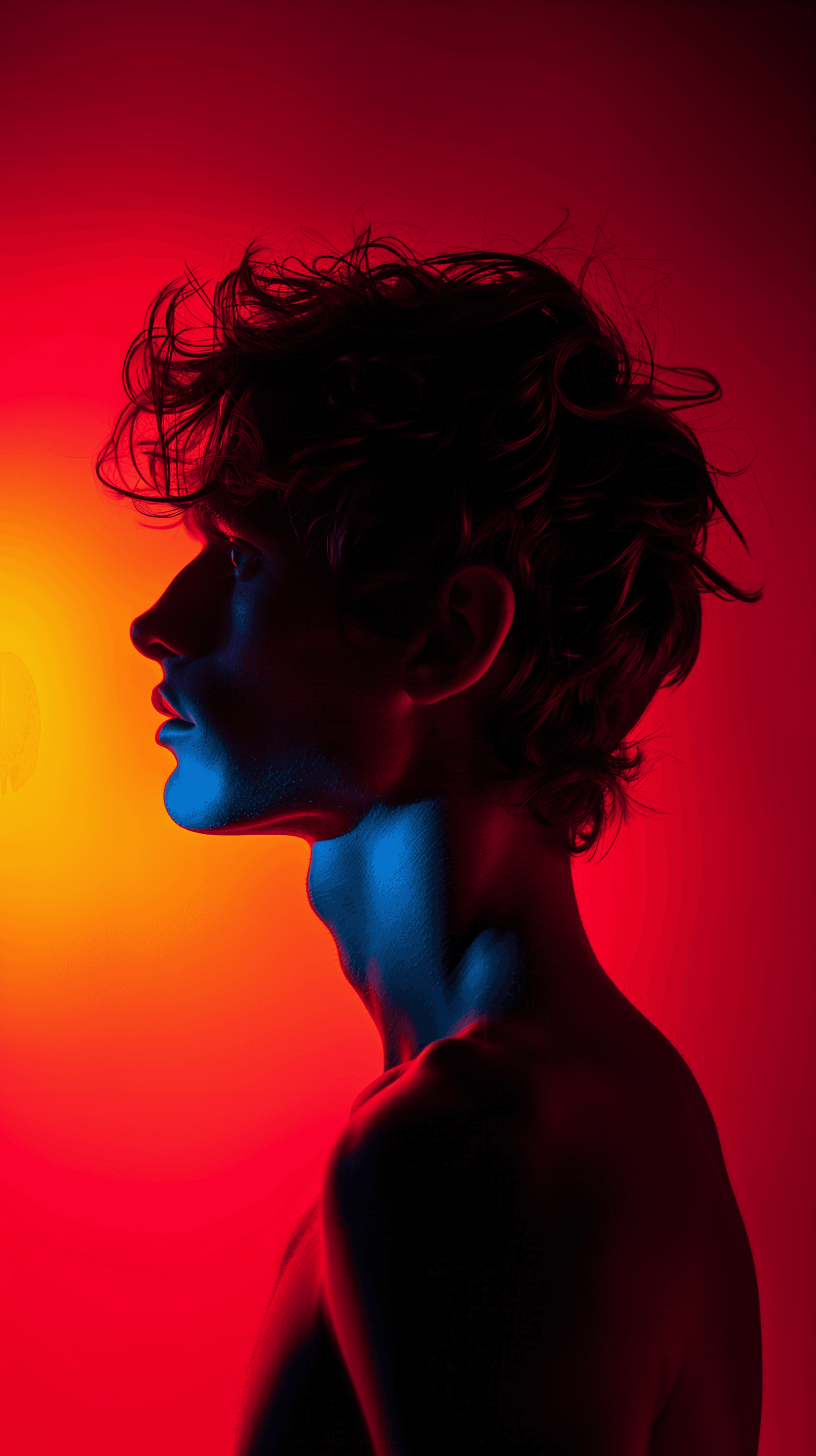 AI generated: photography, portrait. power of contrast, man model profile silhouette of a vibrant randomly color b...