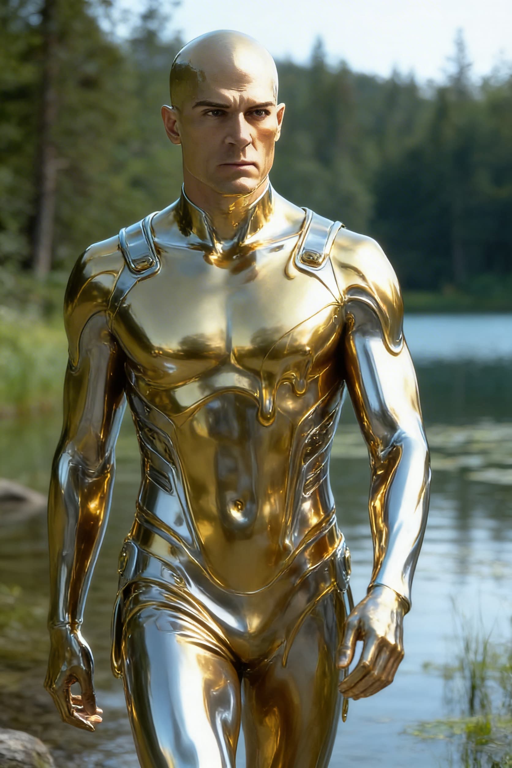 AI generated: Create from the reference image, a solid golden-silver being, powerful, loving. From flesh to sleek ...
