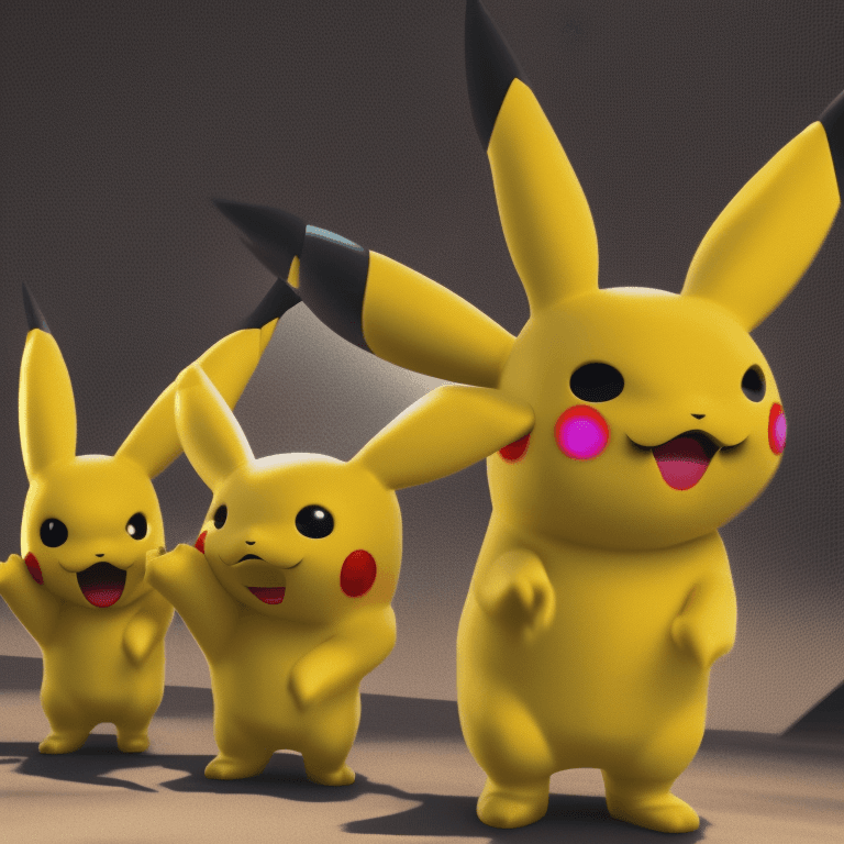 AI generated: three Pikachu facing viewers, one Pikachu is robotic, second Pikachu is made with bubble gum and thi...