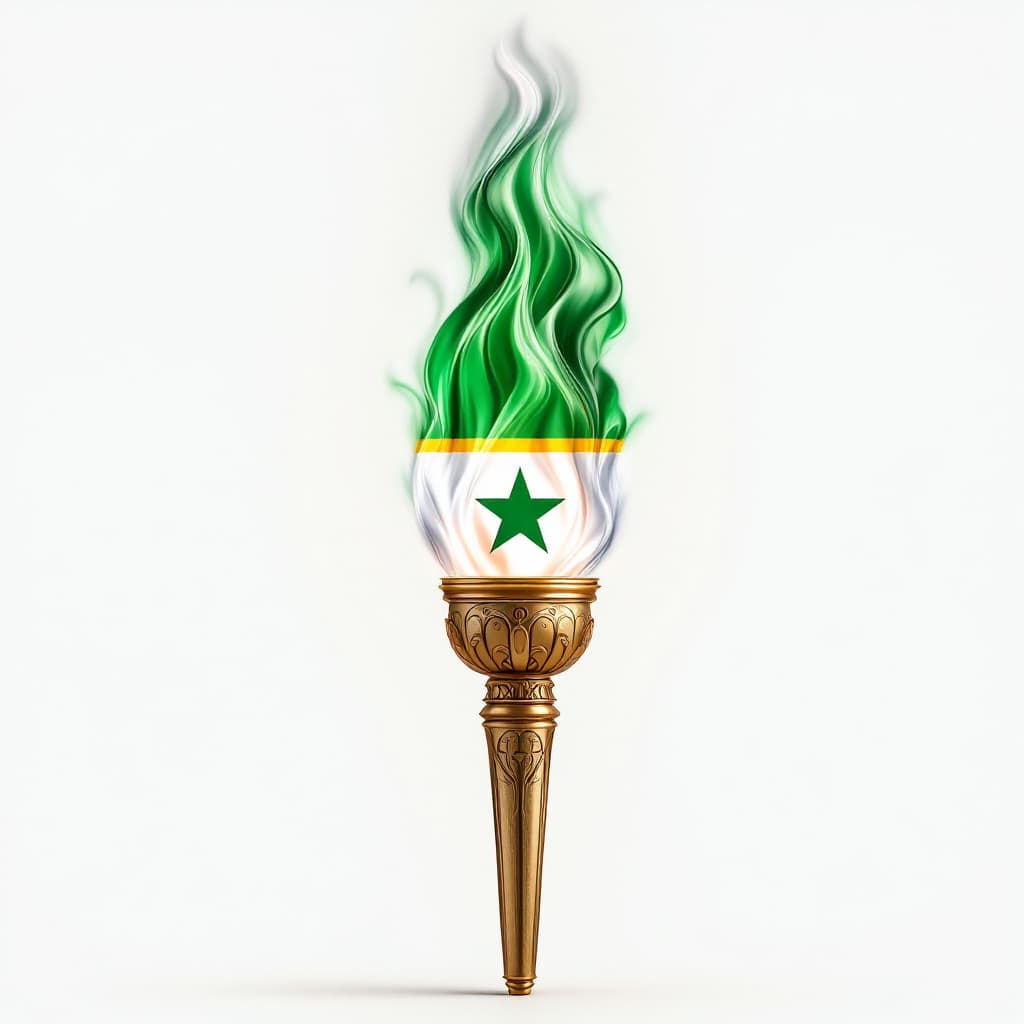 AI generated: a golden Olympic torch with flames flowing horizontally in green, white, and blue (like the Sierra L...