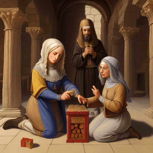 AI generated: Medieval painting of elderly Jewish woman with a head covering in an ancient Jewish temple placing t...