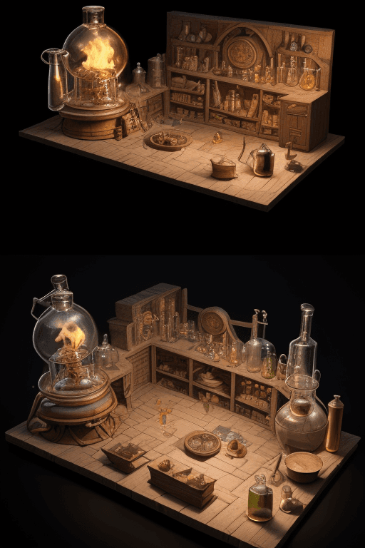 AI generated: Ultra-detailed 3D illustration of a pop-up book featuring an alchemist in his laboratory, brewing po...