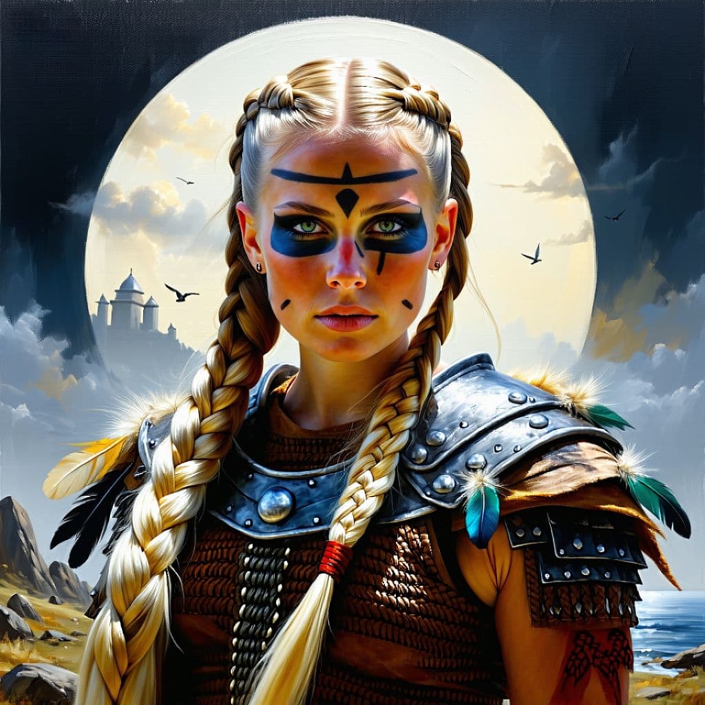AI generated:  Full body acrylic oil painting of a female Viking warrior with braided hair. War paint on her face....