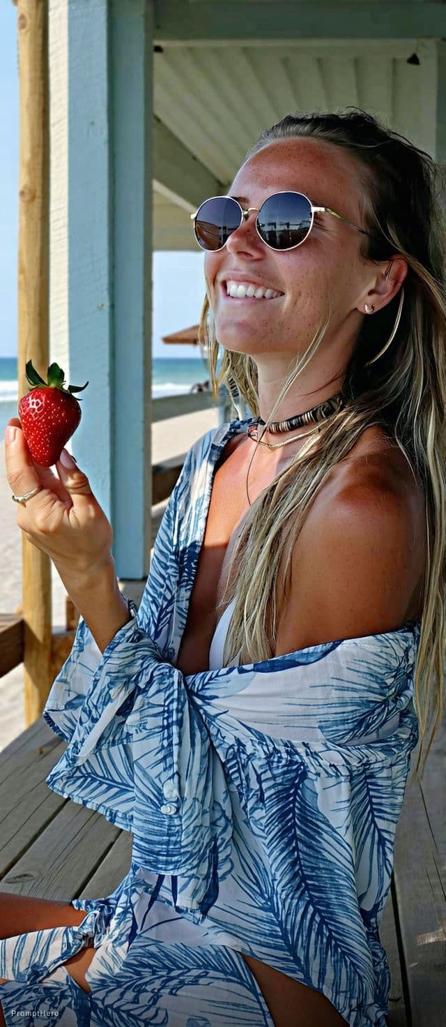 AI generated: A bikini women eating straw berry
