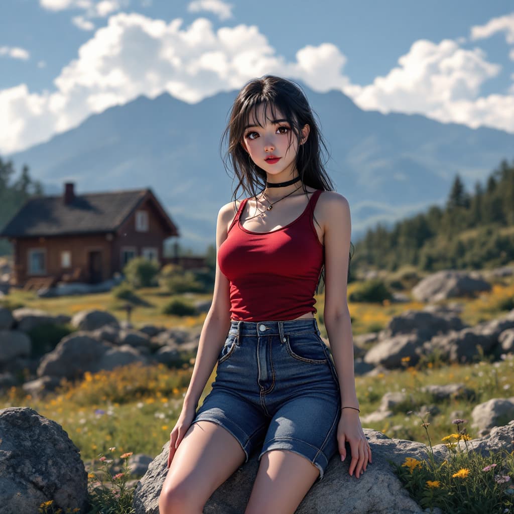 AI generated:  girl,thick thighs, looking at viewer, :D, solo, (red tank top, jeans:1) , idol pose, (realistic:1. ...