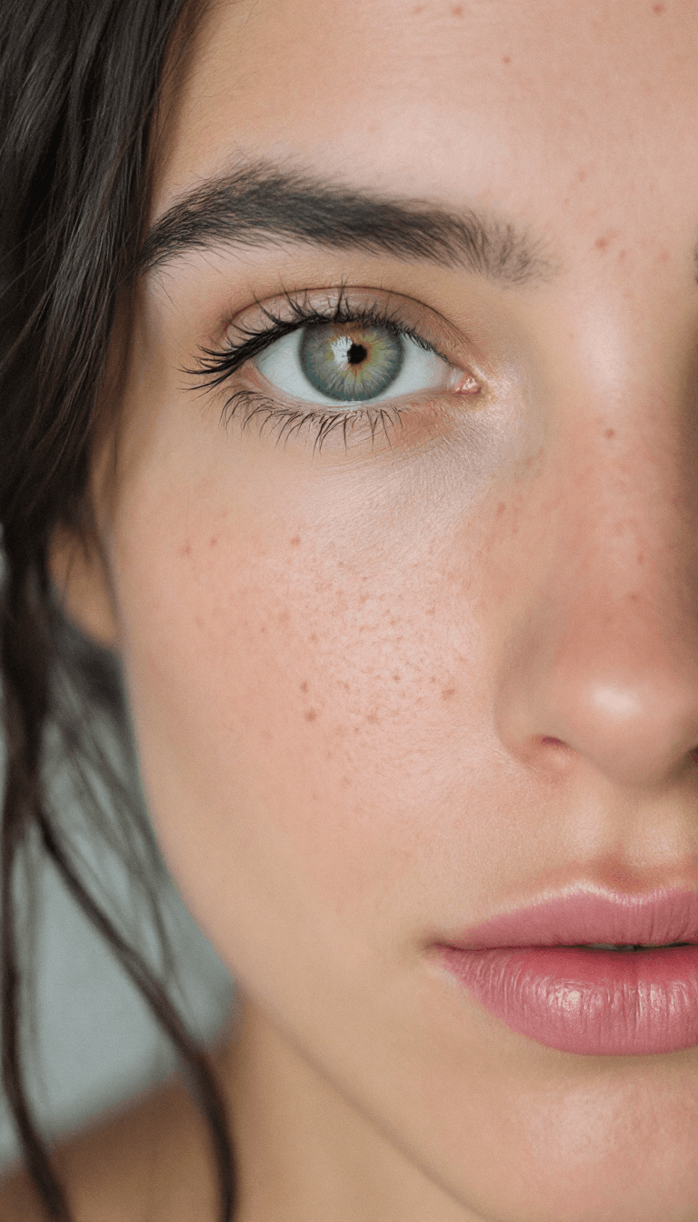 AI generated: Close-up portrait of a woman with green eyes, light freckles, and dark hair styled in loose tendrils...
