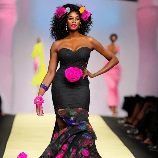 AI generated: Hyper-realistic image of a Caribbean African American woman walking down a fashion show runway. She ...