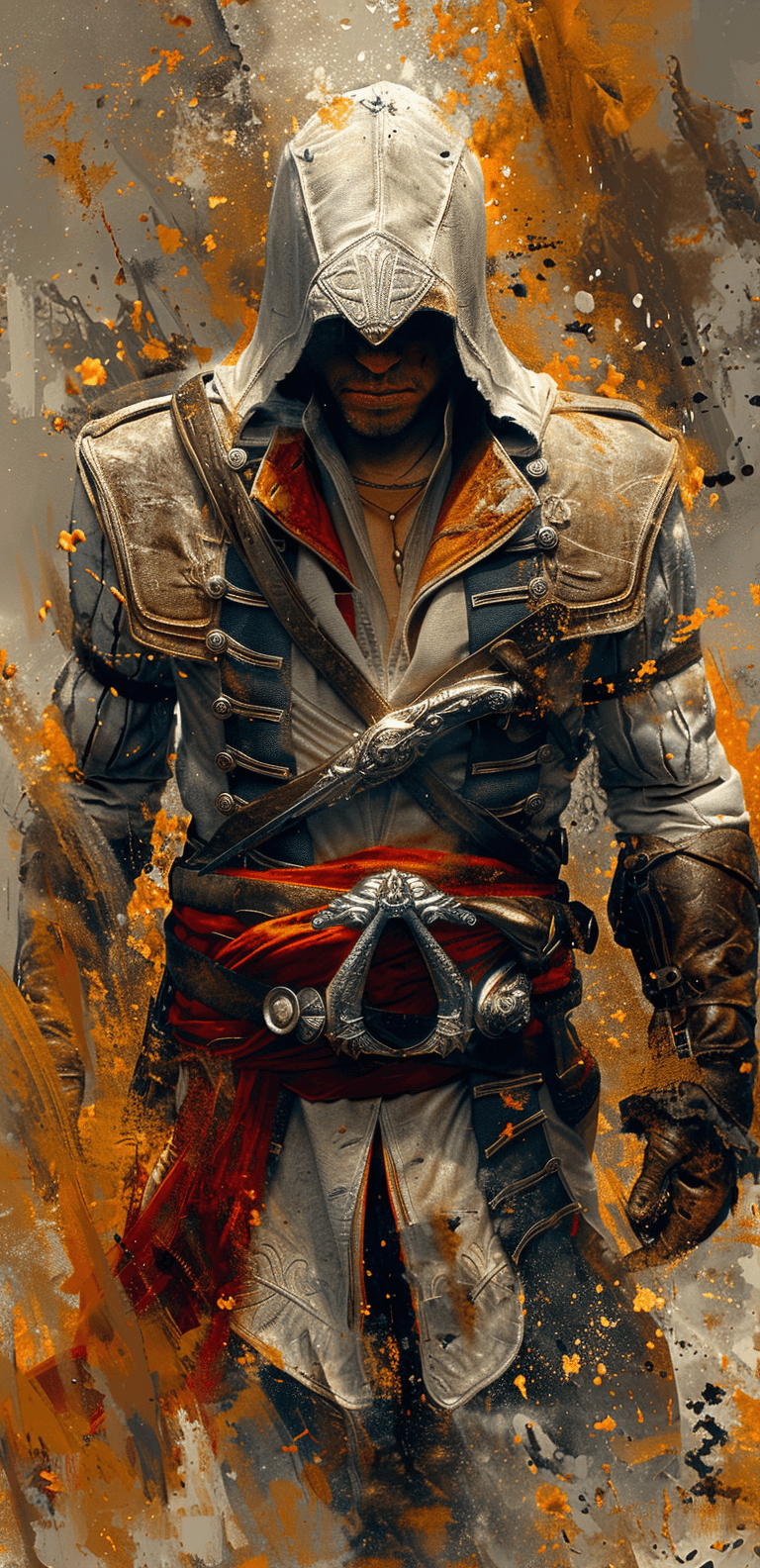 AI generated: A white and gold colored illustration of an Assassin's Creed character against a white background wi...