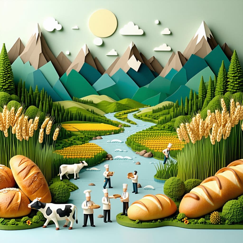 AI generated: Poster with the theme of culinary adventure. Creamy vegetation in the background forms mountains, ri...