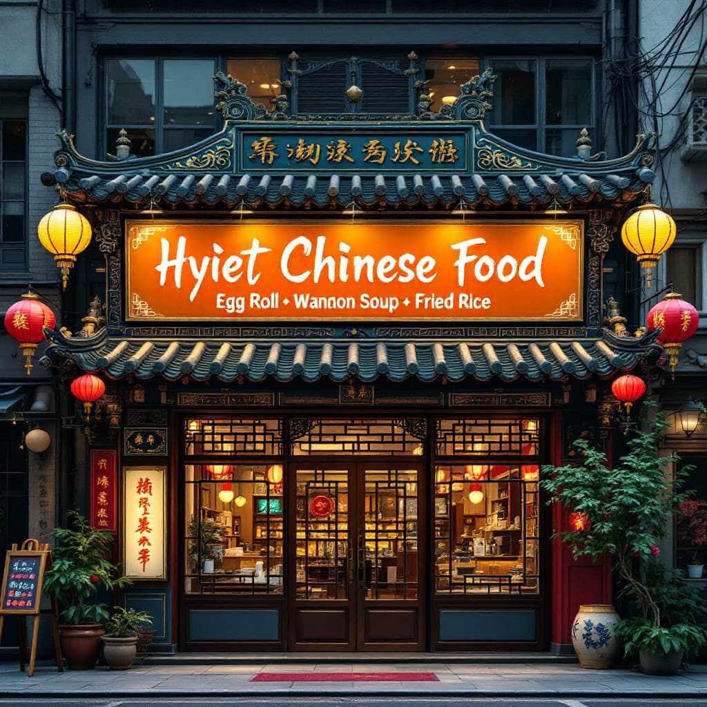 AI generated: The front of a Chinese food restaurant with a sign that says "Hyiet Chinese Food" "Egg Roll Wanton S...