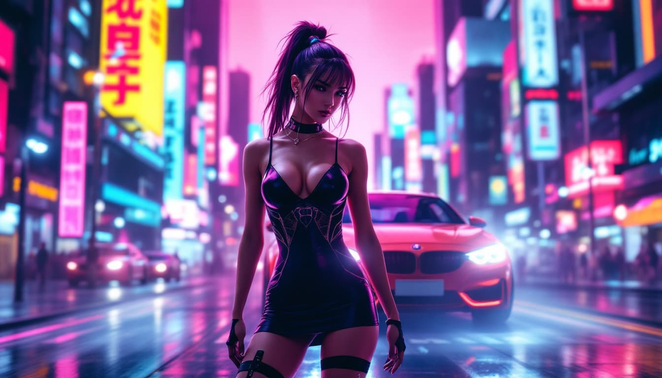 AI generated: A cyber punk realistic girl in short tight dress in a neon city. behind it is a beautful rading car....