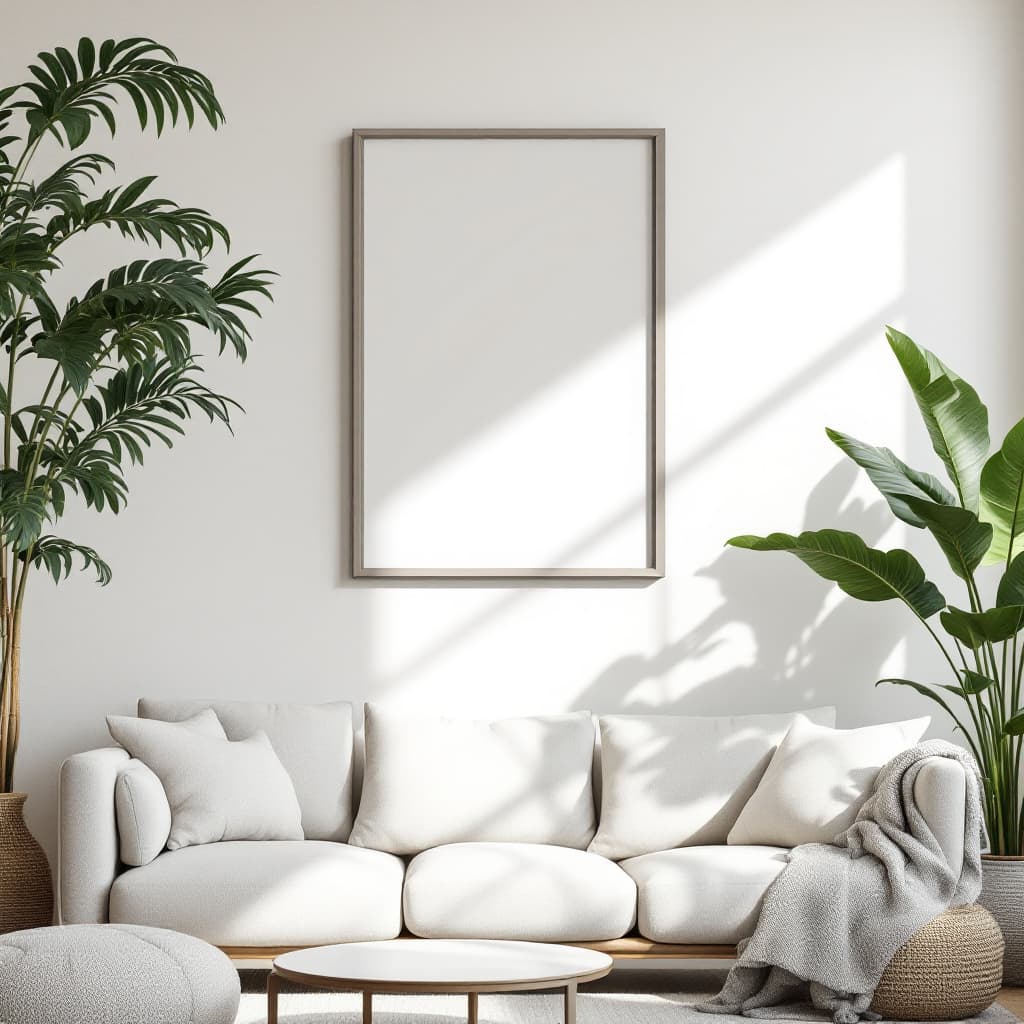 AI generated: A realistic, minimalistic living room with modern furniture in neutral tones, complemented by lush, ...