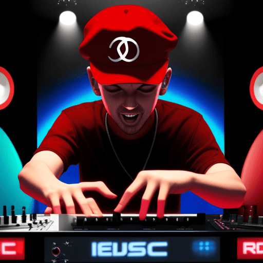 AI generated: head bobbing virtual DJ in front of the mixer and speakers on a table with red cap
