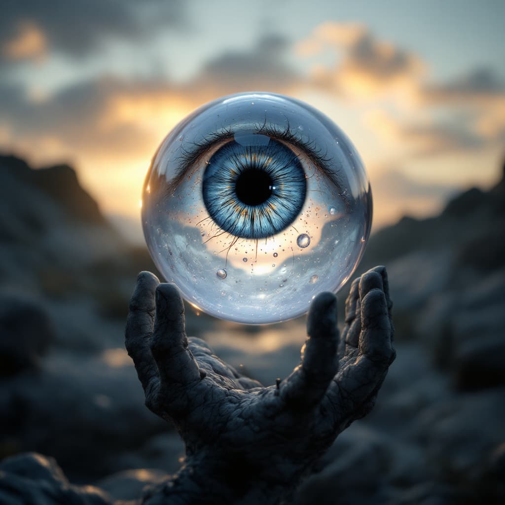 AI generated: Photo of a ultra realistic floating Eyeball outside of head, dramatic light, pale sunrise, cinematic...