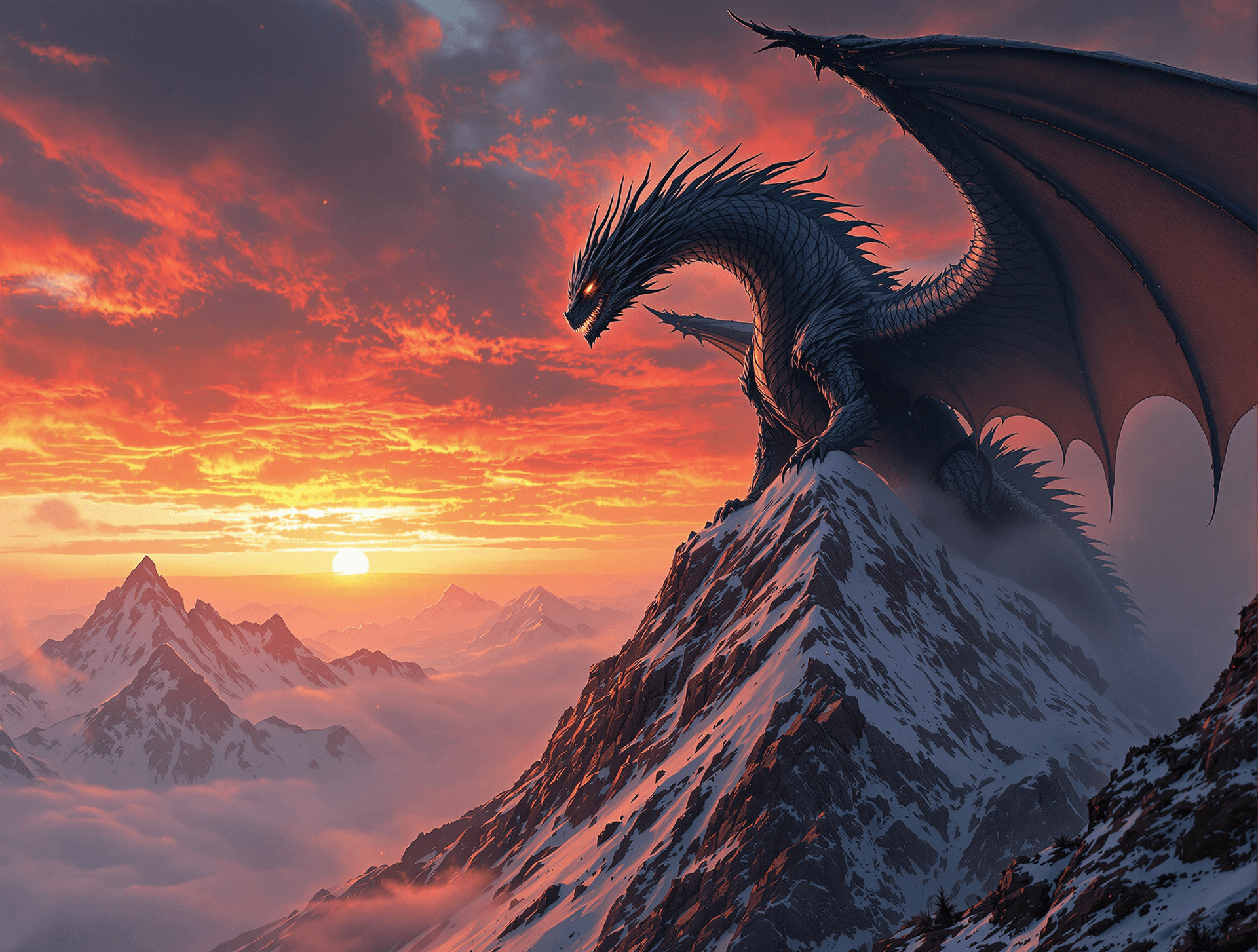 AI generated: a breathtaking and highly detailed fantasy depiction of Ancalagon the Black, the legendary dragon fr...