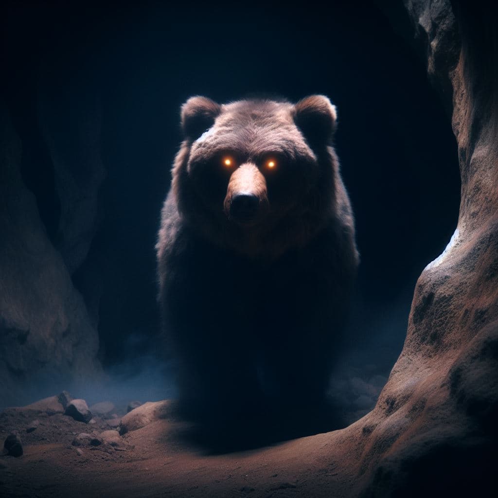 AI generated: Cave Bear in a dark cave, partially obscured behind a rock, glowing eyes, camcorder shot, film grain...