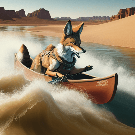AI generated: Photo of cypherpunk coyote maneuvering a canoe with a wooden paddle down a roaring river in the amer...