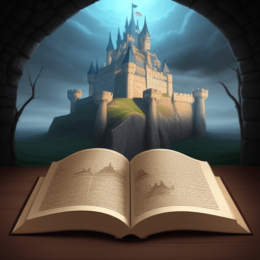 AI generated: Open book with a fantasy world popping out. A castle illustration over a book