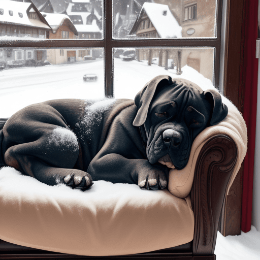 AI generated: Photo of a Cane Corso dog drawing, sleeping, in an armchair, through the window, a Swiss town in the...