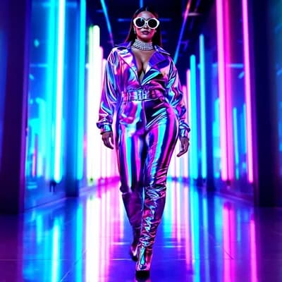 AI generated video: Hyper Realistic Stunning woman, mid-20s,  walking confidently on a Neon City Street.  Full-length, i...