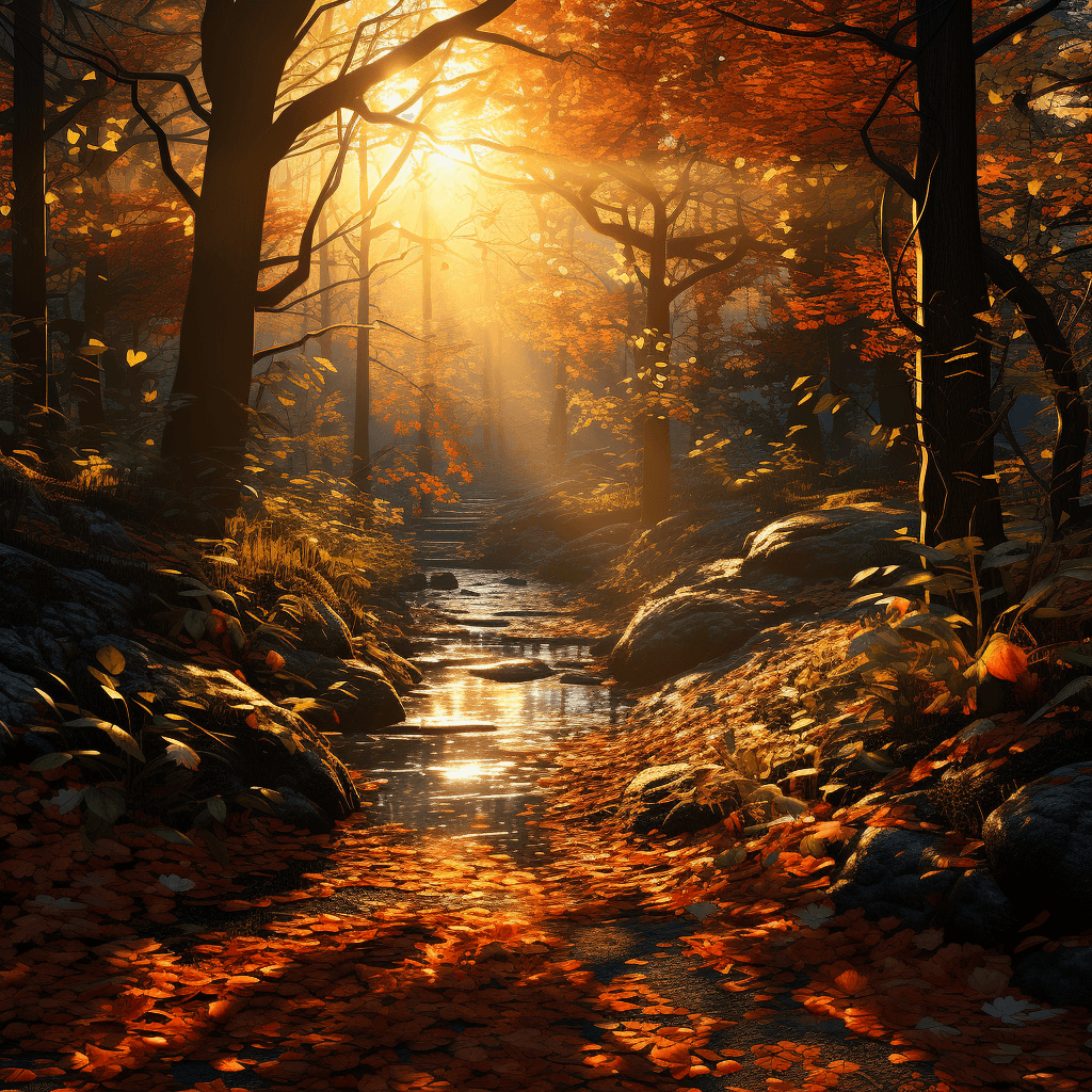 AI generated: autumn forest, 

sun glare, 

path, 

carpet of leaves, 

glitter of drops in the web, 

u...