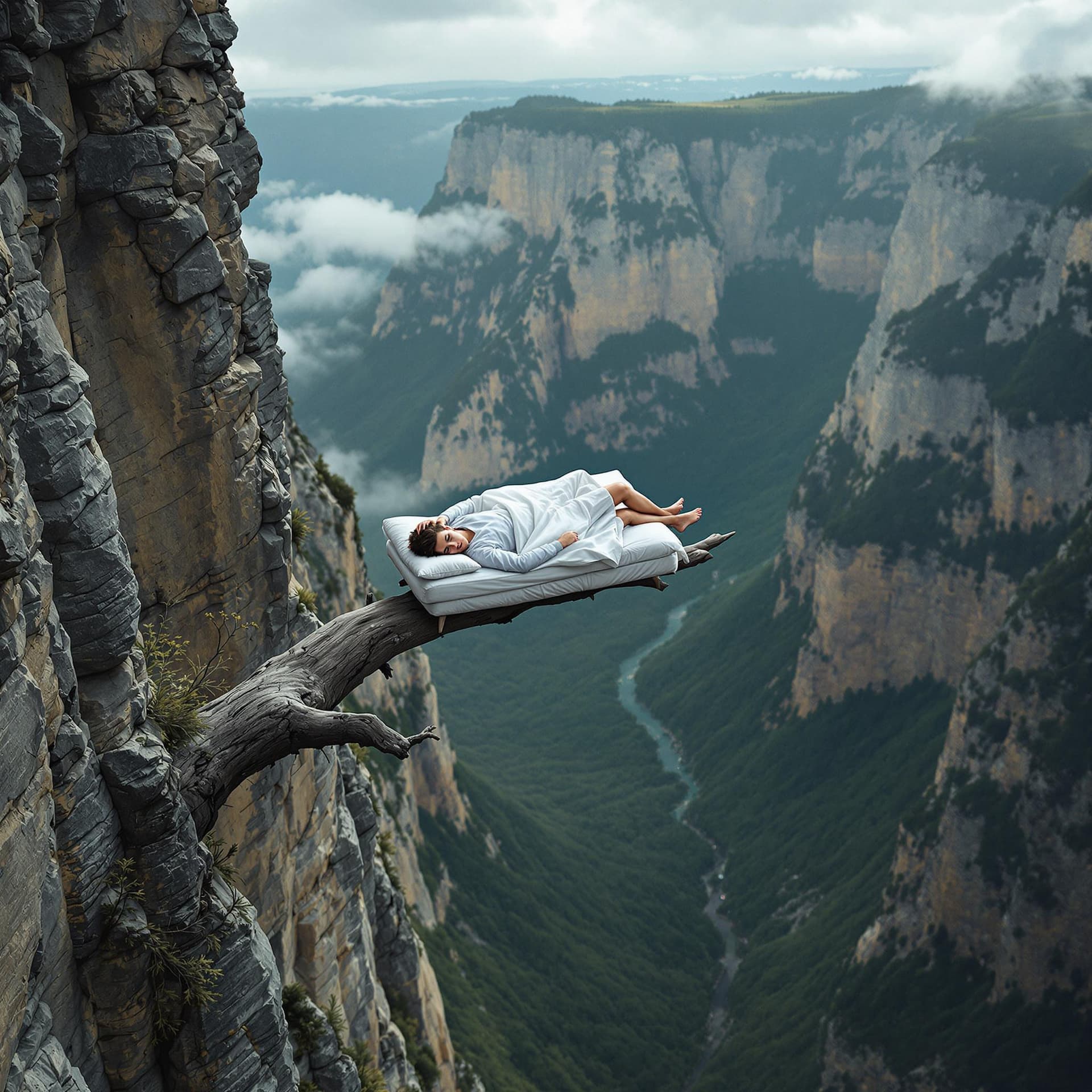 AI generated: acrophobic composition, photo at an extreme angle from the center of a steep cliff a branch sticks o...