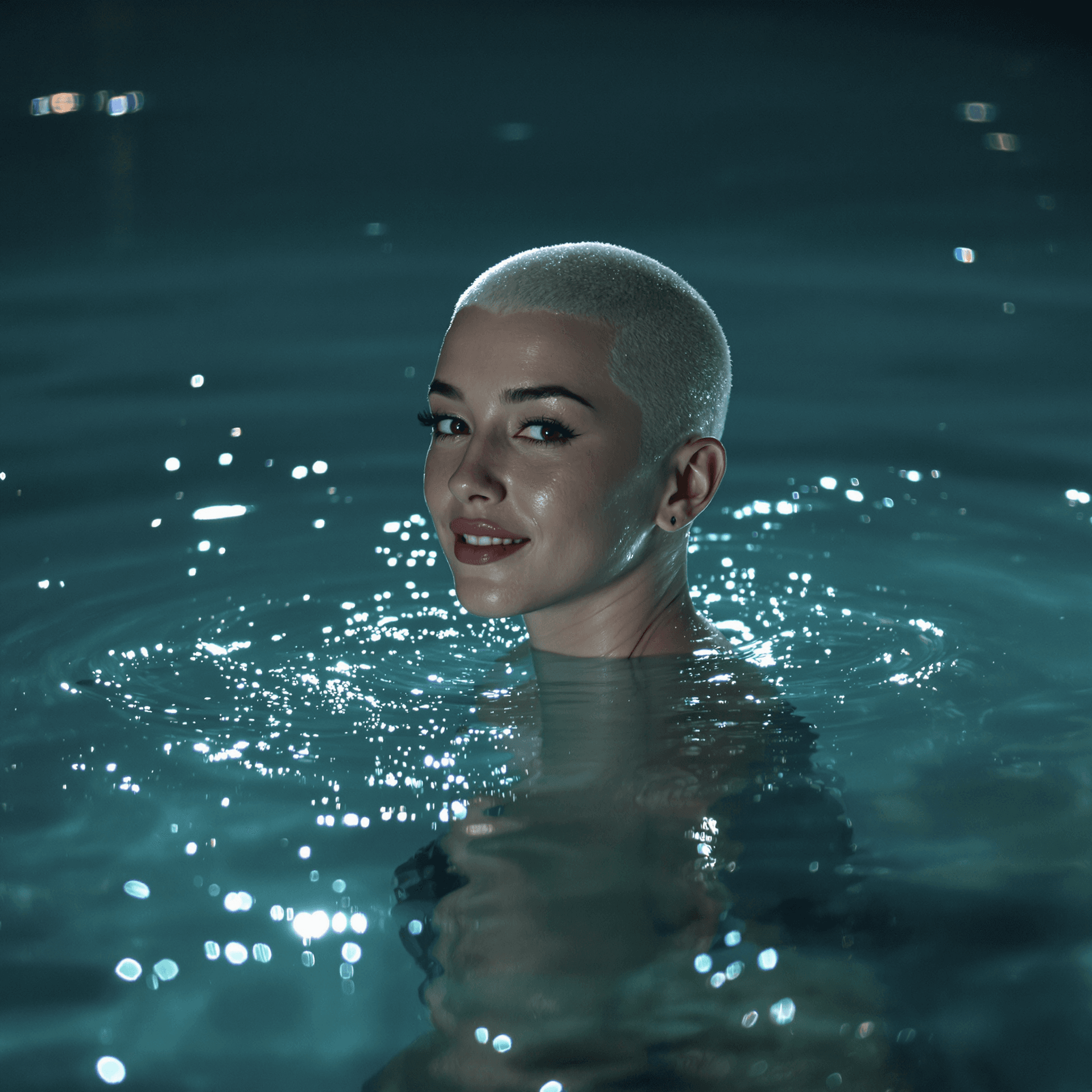 AI generated: A captivating, high-resolution night photograph of a graceful, young, and slender woman with a strik...
